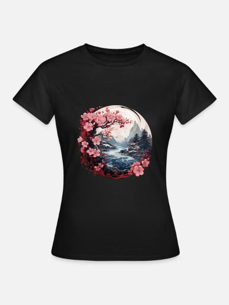 Kirschblüte Japanisch Berg Flusslandschaft - Frauen T-Shirt - Schwarz