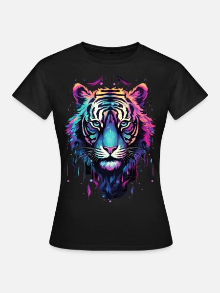 Tiger Tigerkopf Neon Bunt Farbenfroh Wild Mutig - Frauen T-Shirt - Schwarz