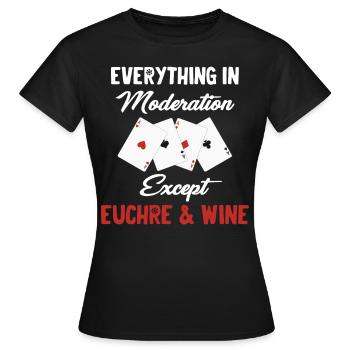 Tout avec modération, sauf les croupiers Euchre & Wine Casino - T-shirt Femme - noir - Devant - AI Model Female 172 dark (172cm)