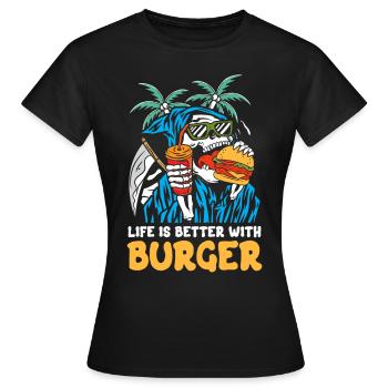 La vie est plus belle avec le burger | Crâne de plage de faucheur - T-shirt Femme - noir - Devant - AI Model Female 172 dark (172cm)