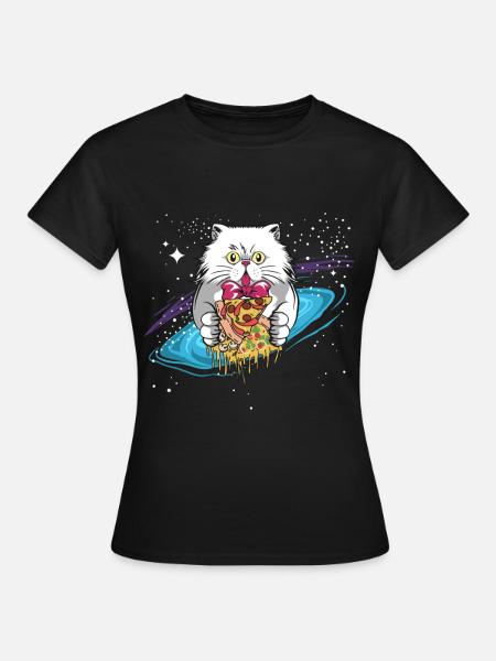 Katze Kätzchen Perserkatze Weltraum Pizza Geschenk - Frauen T-Shirt - Schwarz