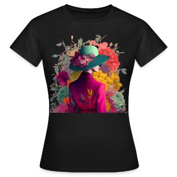 Model mit Hut und Blumen Geschenk - Frauen T-Shirt - Schwarz - Vorne - AI Model Female 172 dark (172cm)