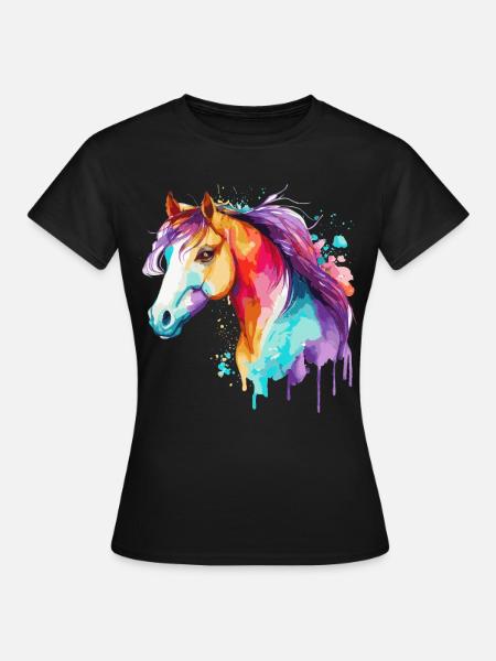 Watercolor Horse Riding Pony Colorful Pet Ponys Lo - T-shirt dam - svart