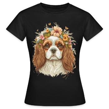 Cavalier King Charles Spaniel Flower Crown Dog Flo - Frauen T-Shirt - Schwarz - Vorne - AI Model Female 172 dark (172cm)