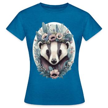 Floral Miel Blaireau Couronne Fleur Aquarelle Boho A - T-shirt Femme - bleu saphir antique chiné - Devant - AI Model Female 172 dark (172cm)