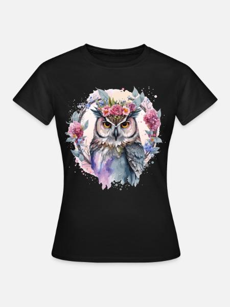 Watercolor Owl Flower Crown Artistic Floral Birds - Frauen T-Shirt - Schwarz