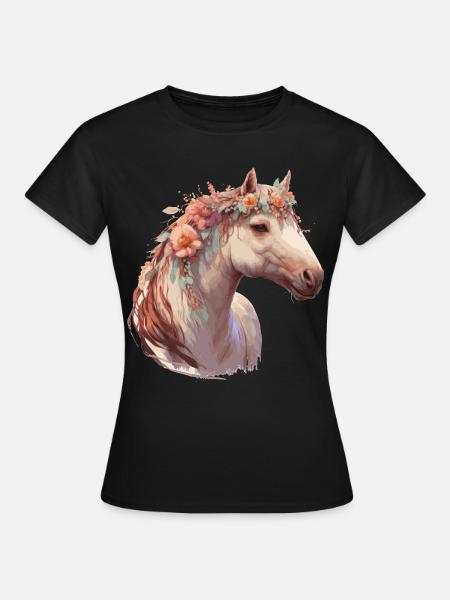 Watercolor Flower Horse Chinese Zodiac Animal Sign - Dame-T-shirt - sort