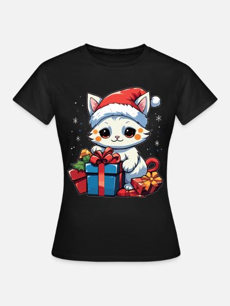 Kawaii Cat Christmas Anime Cute Santa Cat Lover - Frauen T-Shirt - Schwarz