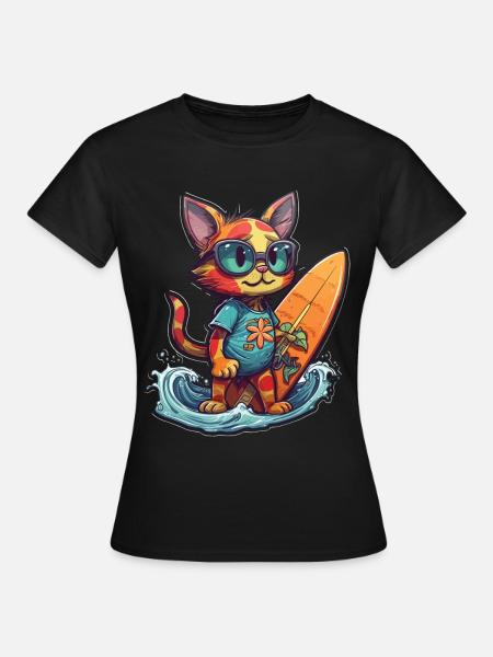 Cat Surfing Beach Surfer Cat - Frauen T-Shirt - Schwarz