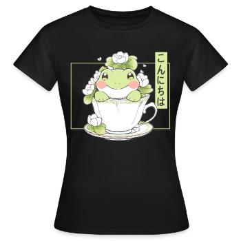 Kawaii Frog In Tea Cup Water Lily Cottagecore Aest - Frauen T-Shirt - Schwarz - Vorne - AI Model Female 172 dark (172cm)