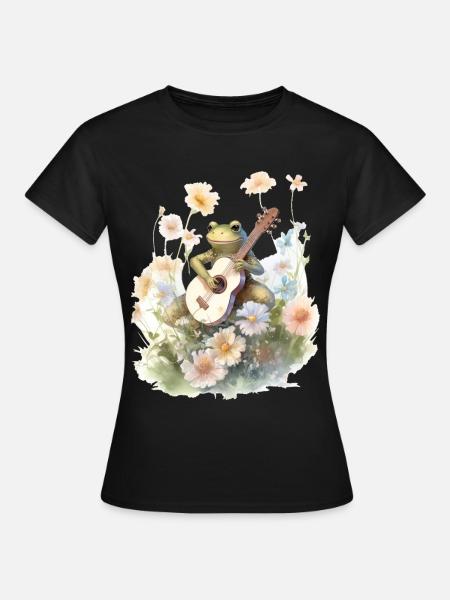 Cottagecore Frog Playing Banjo Botanical Goblincor - Frauen T-Shirt - Schwarz