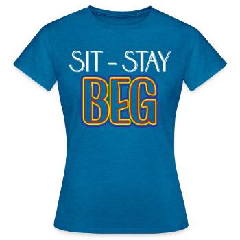 Sit Stay Beg Funny LGBTQ Pride Month Humor - Women's T-Shirt - antique blue sapphire heather - Front - AI Model Female 172 dark (172cm)