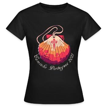 Caminho Portugues 2021 Jakobsweg Pilgermuschel - Frauen T-Shirt - Schwarz - Vorne - AI Model Female 172 dark (172cm)