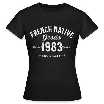 Französische einheimische Waren 1983 - Frauen T-Shirt - Schwarz - Vorne - AI Model Female 172 dark (172cm)