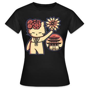 Chats de sanctuaire japonais: Fleurs Chat - T-shirt Femme - noir - Devant - AI Model Female 172 dark (172cm)