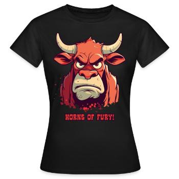 Hörner des Zorns: Bauernhof Bulle Kuh - Frauen T-Shirt - Schwarz - Vorne - AI Model Female 172 dark (172cm)