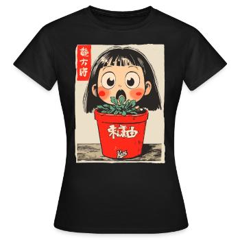 Cartoon Mädchen hinter einem Blumentopf - Frauen T-Shirt - Schwarz - Vorne - AI Model Female 172 dark (172cm)