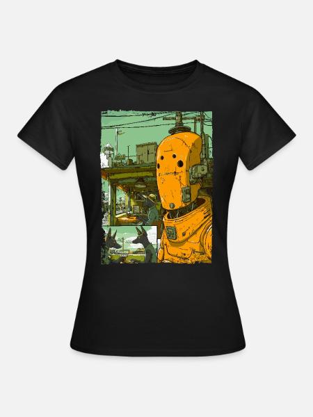 Cartoon einer Sci-Fi-Dystopie mit Roboter - Frauen T-Shirt - Schwarz