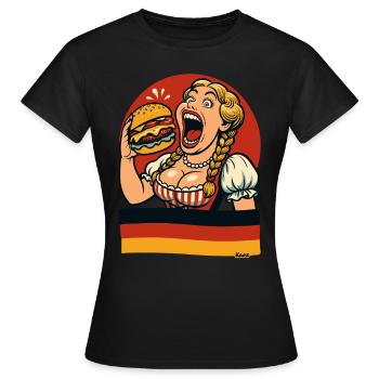 Dirndl-Frau isst Riesen-Burger - Frauen T-Shirt - Schwarz - Vorne - AI Model Female 172 dark (172cm)