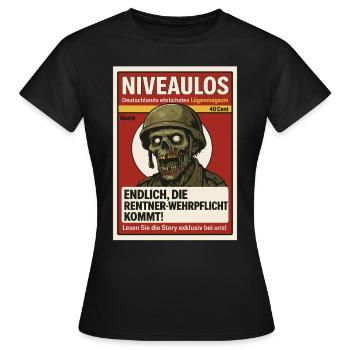 Satire Magazin mit Zombie Soldat und Schlagzeile - Frauen T-Shirt - Schwarz - Vorne - AI Model Female 172 dark (172cm)
