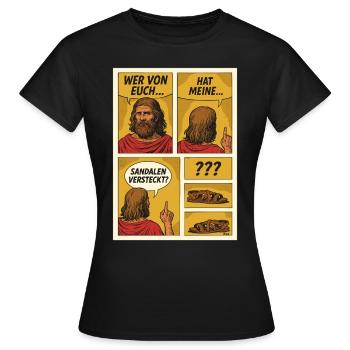 Comic-Jesus sucht Sandalen - Frauen T-Shirt - Schwarz - Vorne - AI Model Female 172 dark (172cm)
