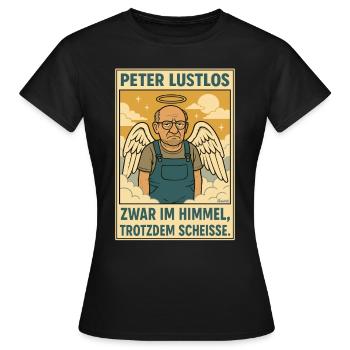 Peter Lustlos Engel mit Latzhose im Himmel - Frauen T-Shirt - Schwarz - Vorne - AI Model Female 172 dark (172cm)