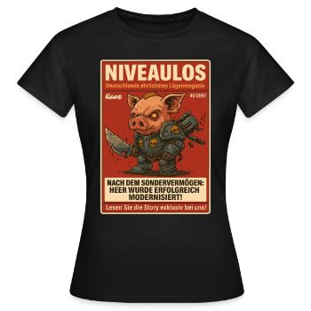 Combattre un cochon en armure sur un faux magazine - T-shirt Femme - noir - Devant - AI Model Female 172 dark (172cm)