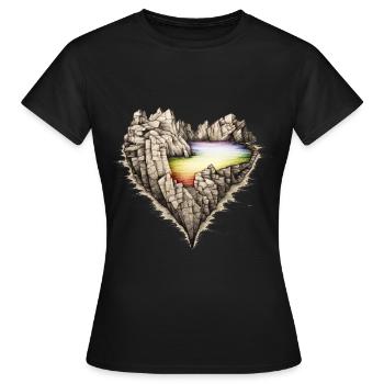 Lac arc-en-ciel dans les rochers. En forme de cœur. - T-shirt Femme - noir - Devant - AI Model Female 172 dark (172cm)