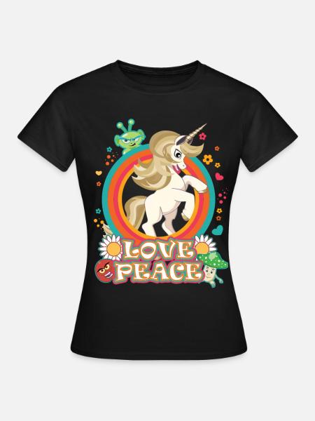 Love and Peace Einhorn - Flowerpower Hippie Design - Frauen T-Shirt - Schwarz