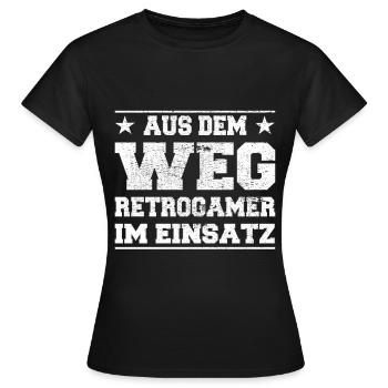 Out of the Way Retrogamer in Action Design - Women's T-Shirt - black - Front - AI Model Female 172 dark (172cm)