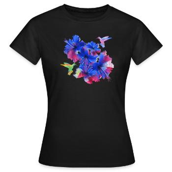 Hibiscus,Flower,Lotus,Blossom,Floral,Hummingbird,Bird - Women's T-Shirt - black - Front - AI Model Female 172 dark (172cm)