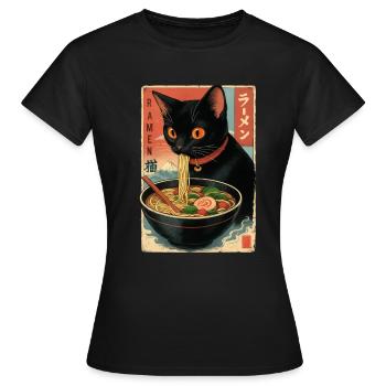 Asia Cat Eating Ramen Illustration - Frauen T-Shirt - Schwarz - Vorne - AI Model Female 172 dark (172cm)