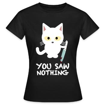 Vous n’avez rien vu | Chat, couteau - T-shirt Femme - noir - Devant - AI Model Female 172 dark (172cm)