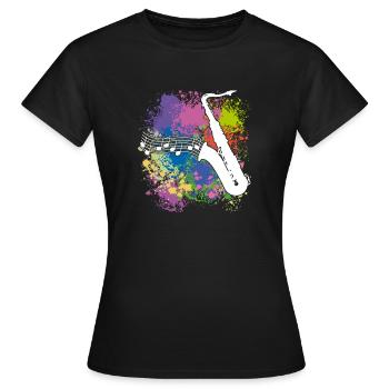 Saxofonsilhouette und Musiknoten auf Farbklecksen - Frauen T-Shirt - Schwarz - Vorne - AI Model Female 172 dark (172cm)