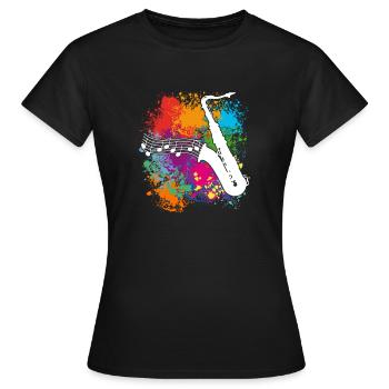 Saxofonsilhouette und Musiknoten auf Farbklecksen - Frauen T-Shirt - Schwarz - Vorne - AI Model Female 172 dark (172cm)