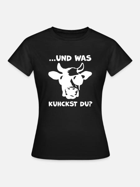 Was kuhckst du? Lustiger Kuh Spruch für Landwirte - Frauen T-Shirt - Schwarz