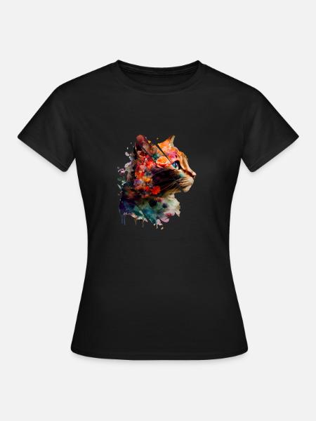 Katze und Blumen - Frauen T-Shirt - Schwarz