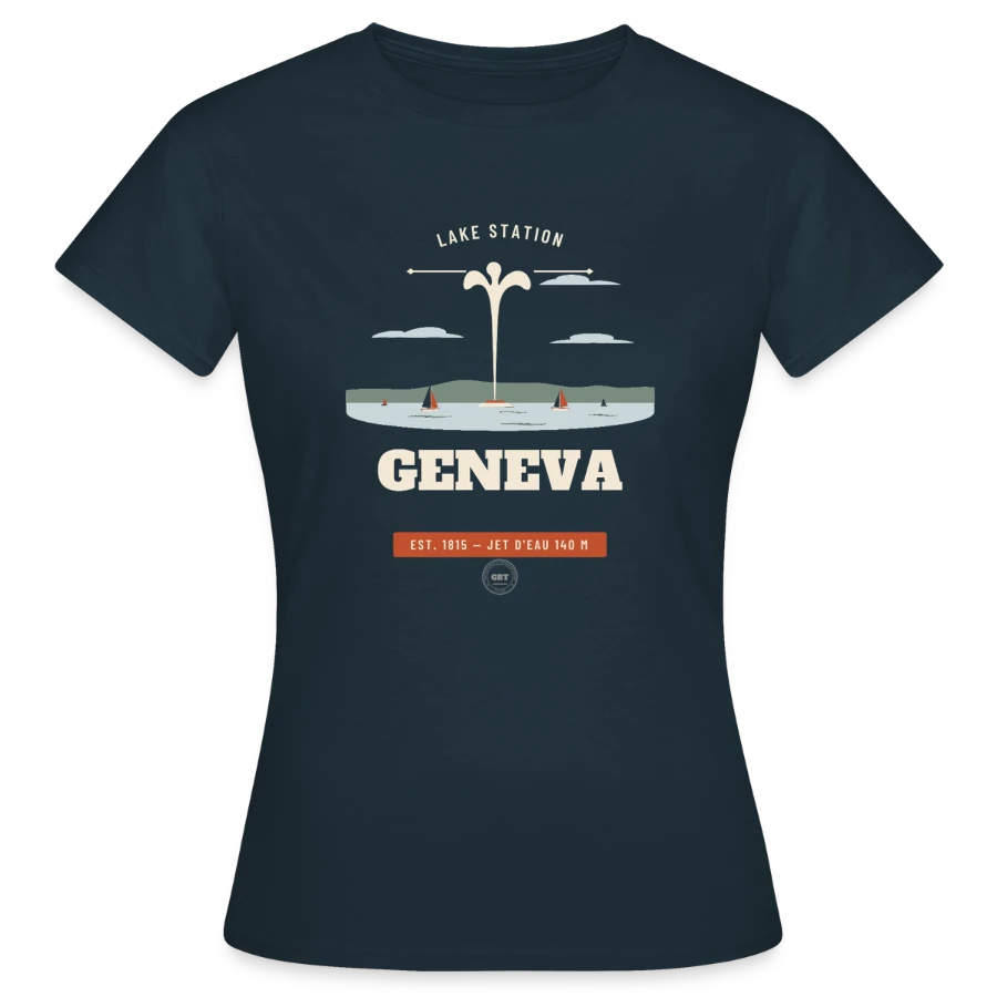Geneva badge on a women's t-shirt, navy