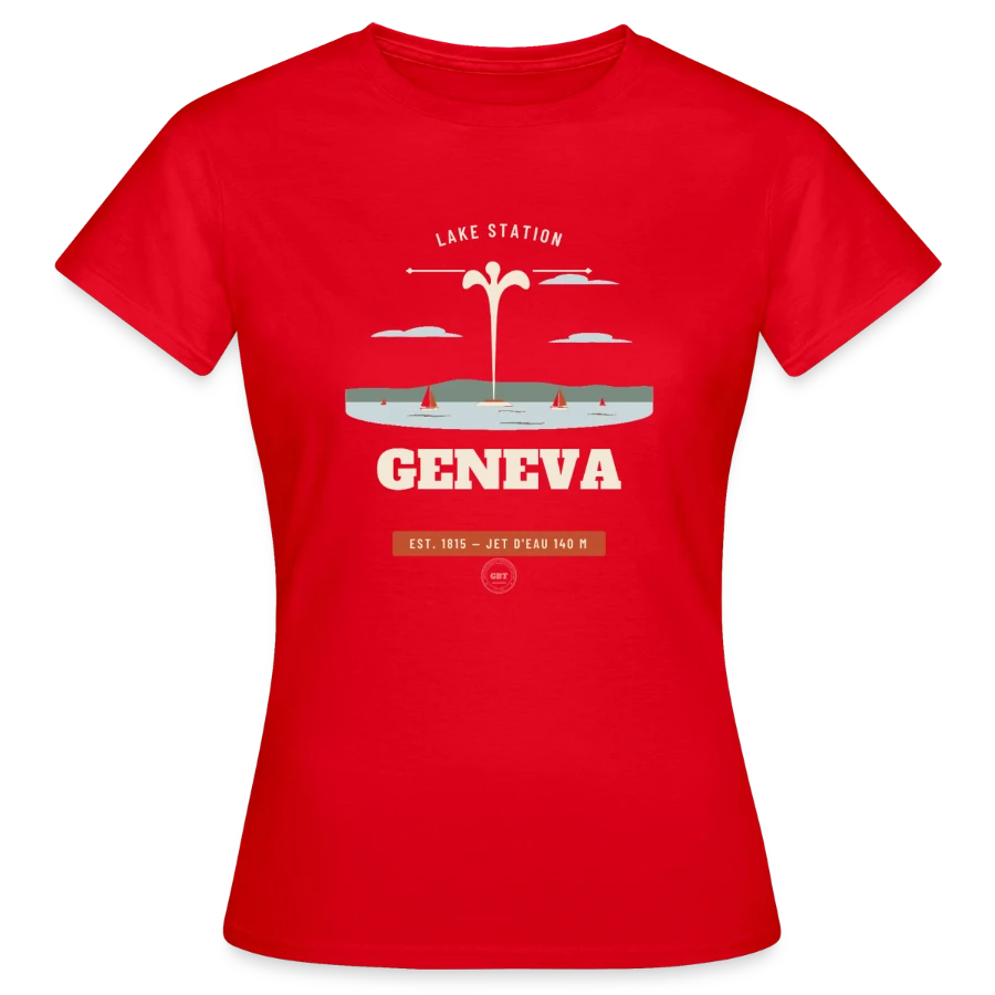 Geneva badge on a women's t-shirt, red