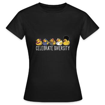 Funny Celebrate Diversity Yellow Bath Duckie Rubbe - Frauen T-Shirt - Schwarz - Vorne - AI Model Female 172 dark (172cm)