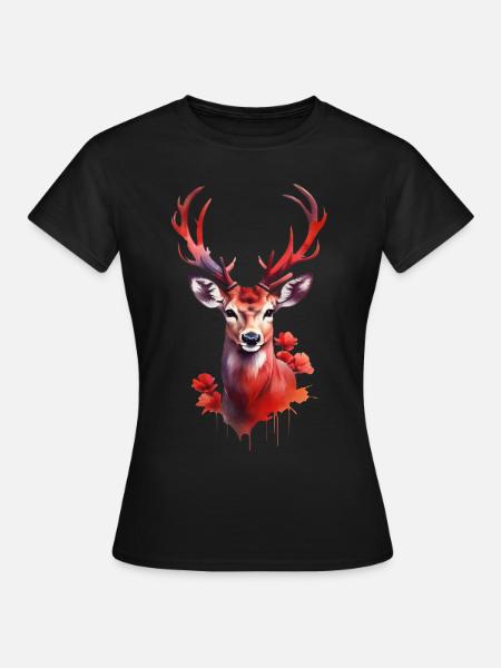 Roter Hirsch im Blütenmeer - Frauen T-Shirt - Schwarz