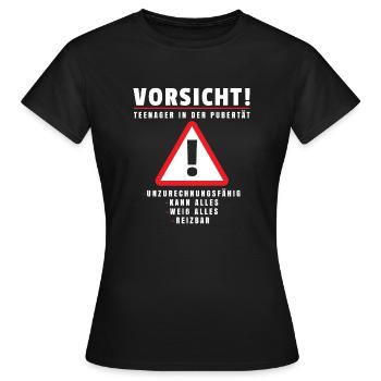 Adolescent en cadeau de chemise de puberté Attention! - T-shirt Femme - noir - Devant - AI Model Female 172 dark (172cm)