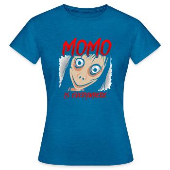 Momo horreur - T-shirt Femme - bleu saphir antique chiné - Devant - AI Model Female 172 dark (172cm)