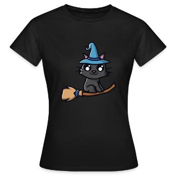 Katze mit Hexenhut auf Hexenbesen - Frauen T-Shirt - Schwarz - Vorne - AI Model Female 172 dark (172cm)