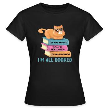 Cat on stack of books - Women's T-Shirt - black - Front - AI Model Female 172 dark (172cm)