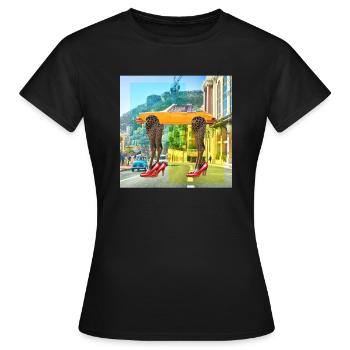 Collage Kunst Surrealismus Leopard Auto Highheels - Frauen T-Shirt - Schwarz - Vorne - AI Model Female 172 dark (172cm)
