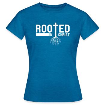 Religion chrétienne enracinée dans le Christ - T-shirt Femme - bleu saphir antique chiné - Devant - AI Model Female 172 dark (172cm)