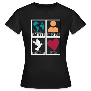Lieu de naissance Terre Homme Liberté Amour Paix - T-shirt Femme - noir - Devant - AI Model Female 172 dark (172cm)
