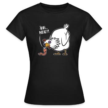 ÄHH… MIAU!? Frecher Wurm gegen Huhn lustiger Witz - Frauen T-Shirt - Schwarz - Vorne - AI Model Female 172 dark (172cm)