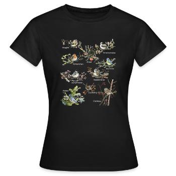 Gartenvögel Amsel Meise Zaunkönig Spatz Stieglitz - Frauen T-Shirt - Schwarz - Vorne - AI Model Female 172 dark (172cm)